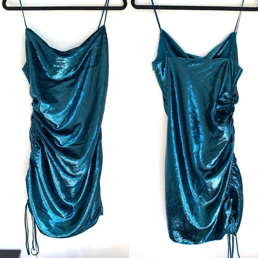 NWT Cinq A Sept Shiny Astrid Teal Topaz Mini Dress - Picture 9 of 11